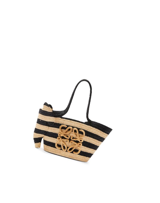 Loewe Small Elephant Basket bag in striped raffia and calfskin Natural / Black | TYMG-20147